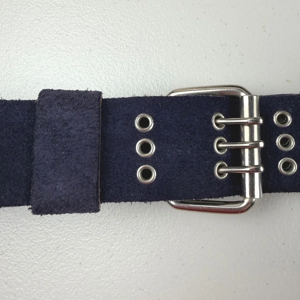 Off The Hip Navy Blue Suede Triple Grommet Belt Wide Triple Prong Buckle Y2K